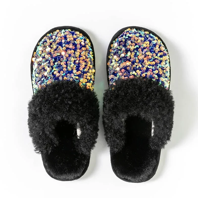 Bling Sequins Home Fur Slippers Women Winter Warm Plush Flat Cotton Floor Shoes Woman Indoor Bedroom Soft Sole Fluffy Slippers