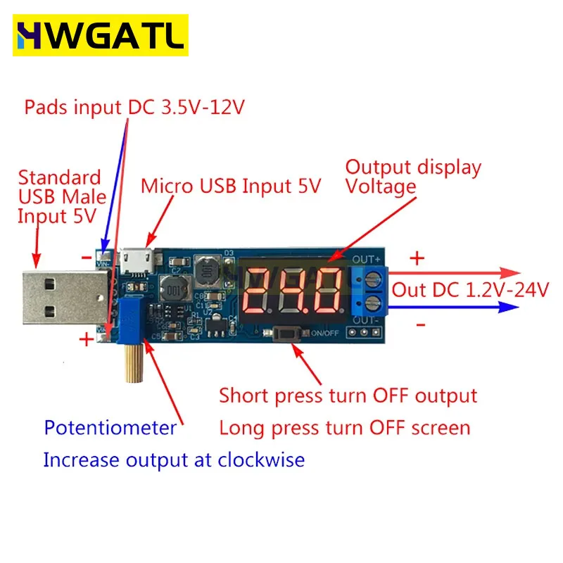 HWGATL Boost Buck Converter USB Step UP / Down Power Supply Module DC-DC 5V to 3.3V / 12V Adjustable Out DC 1.2V-24V