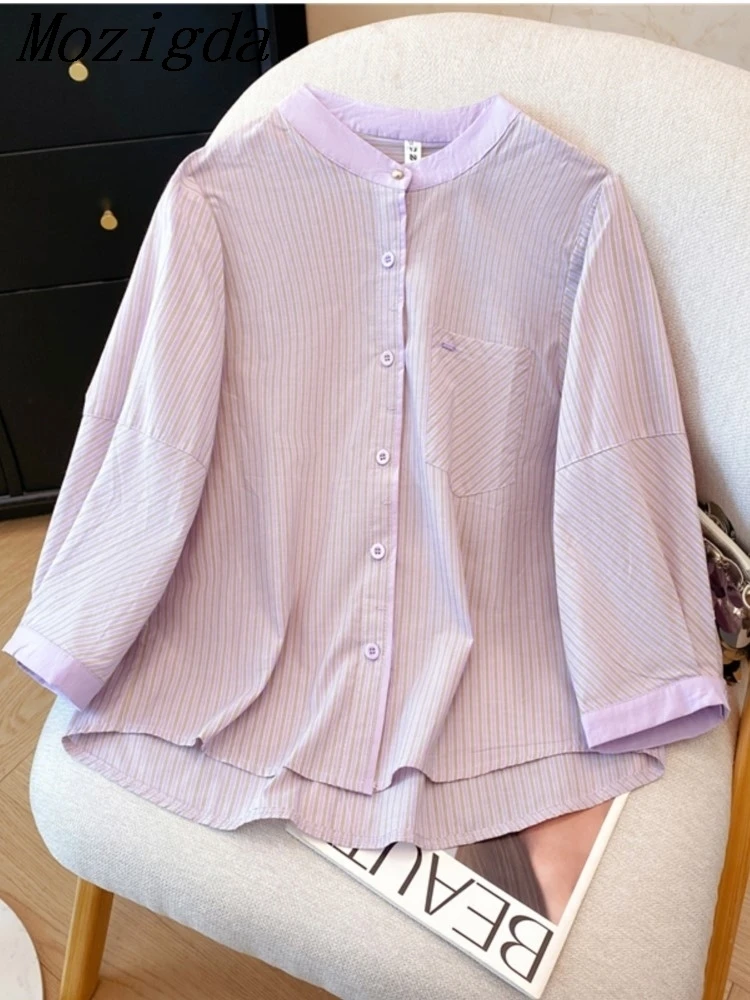 

Full Sleeve Striped Casual Shirt Women's Size Artistic Stand Collar Polo Neck Slim Fit Chinese Style Button Down Ladies Tops