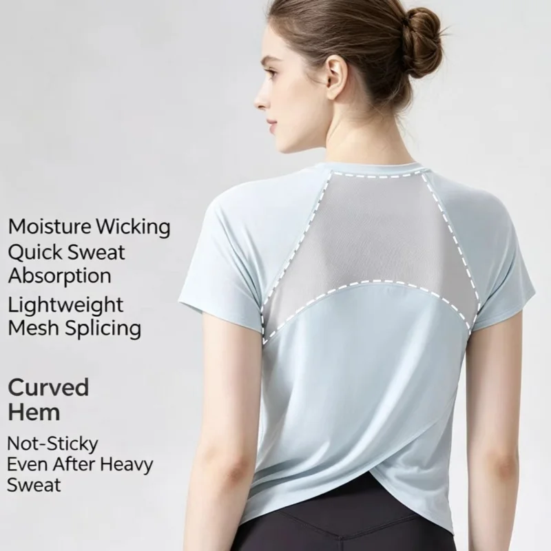 Women Thin Loose Summer Short Sleeve Sports Top Breathable Quick Dry Mesh Cross‑Back Yoga Gym Daily Workout Athletic Tee Shirts