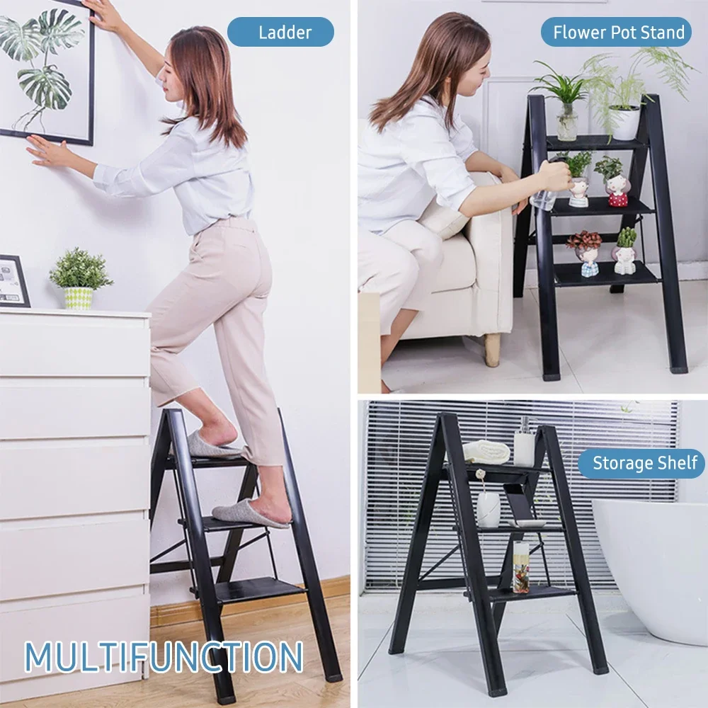 Imagem -05 - Liga de Alumínio Multifuncional Folding Stool Anti-slip Pedal Largo 3-step Escada Prateleira de Armazenamento Flower Pot Stand 330lbs