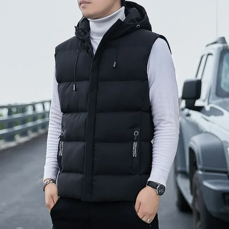 Men\'s Loose Casual Jacket Sleeveless Zipper Down Vest Male Solid Color Autumn Winter Warm Vests Mens Stand-up Collar Oversize