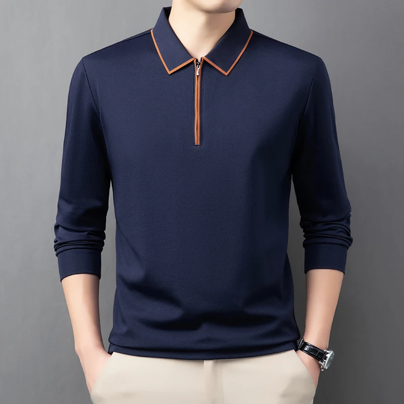 soft cotton long sleeve men\'s polo shirt autumn new fashion light luxury half zipper Korean version high-end golf design T-shirt