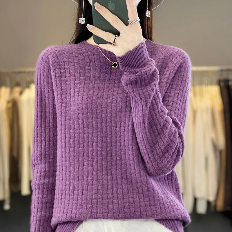 100% Merino Wool Sweater Women\'s O-neck Pullover Loose Knit Underlay Fashion Long Sleeve Cashmere Top in Autumn and Winter