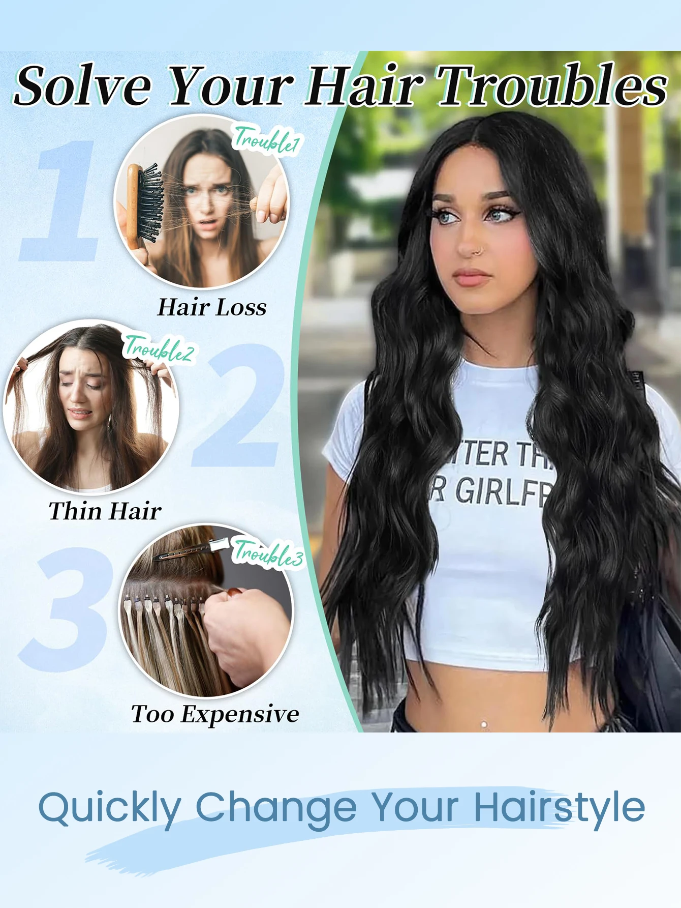 YELOWTIM 20Inch Black Synthetic Hairpieces 4pcs Long Wavy Hair Pieces 11 Clips in Hair Extension Natural Looking Heat Resistant