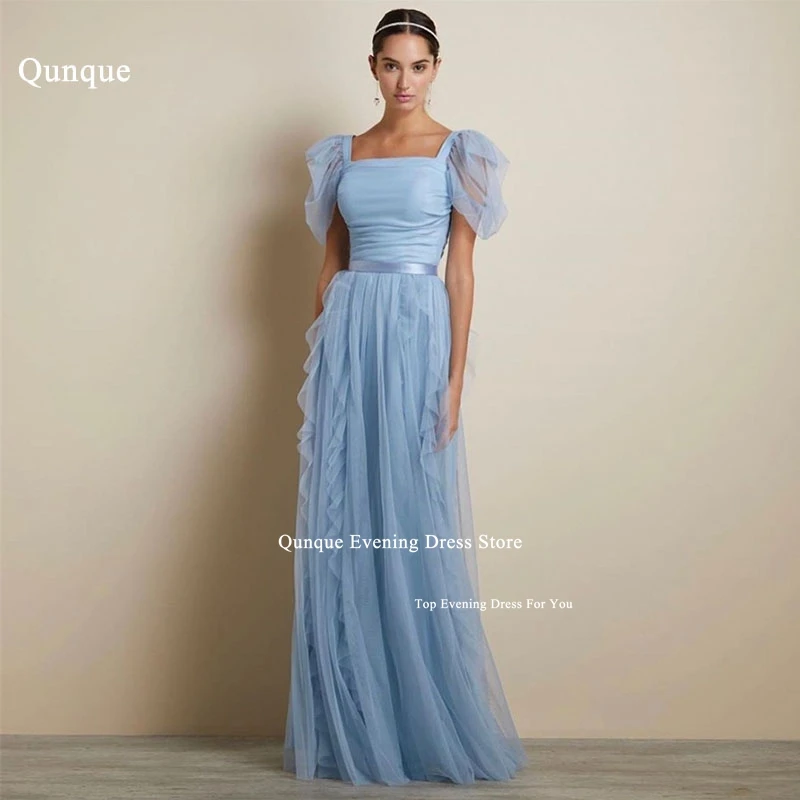 

Qunque Elegant Formal Tulle Evening Dresses Short Cap Sleeves Ruffles Prom Gowns A Line Lady Party Dresses Vestidos De Noche