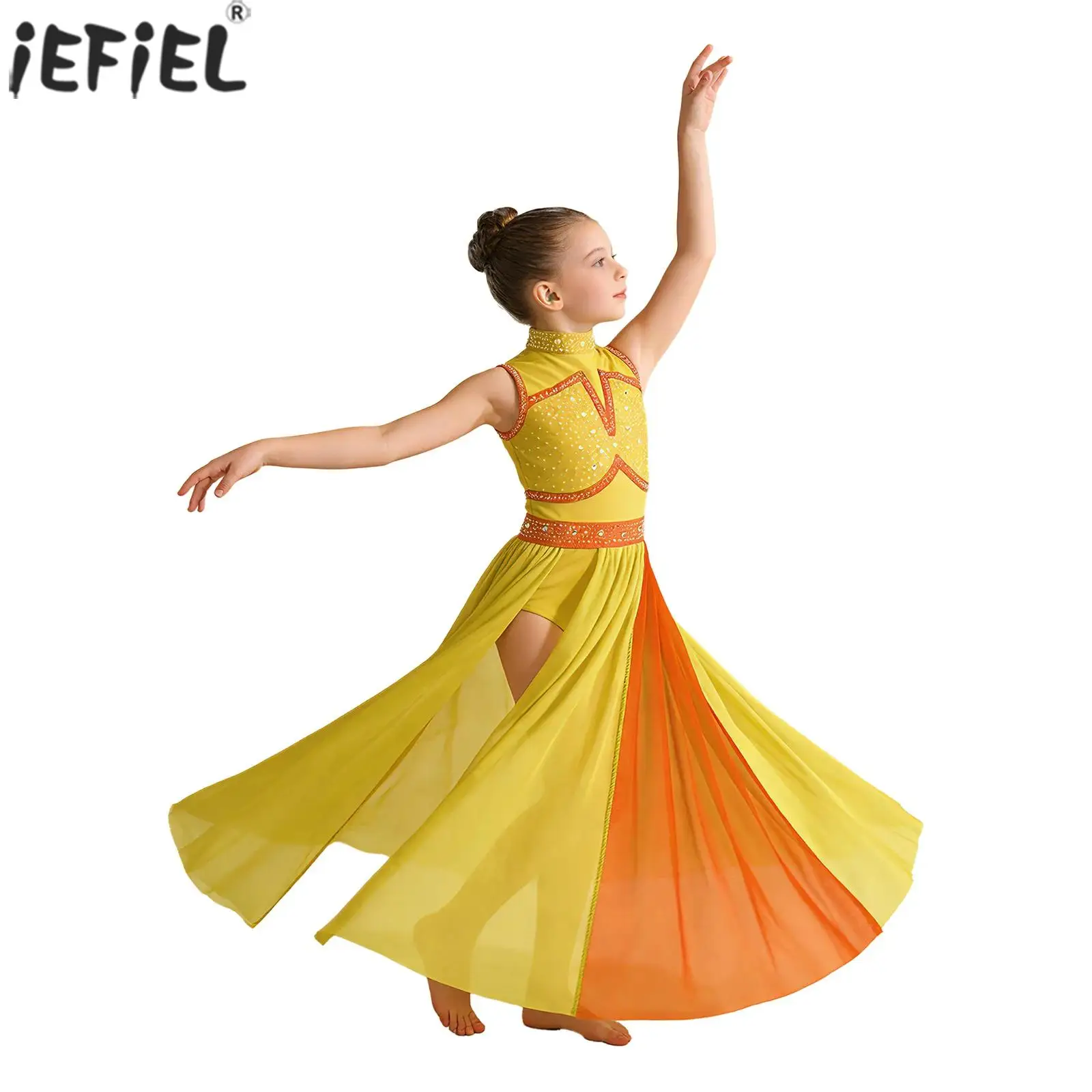 

Kids Girls Modern Lyrical Dance Dress Sleeveless Shiny Rhinestone Mesh Maxi Dress Leotard Ballet Figure Skating Ballroom Costume