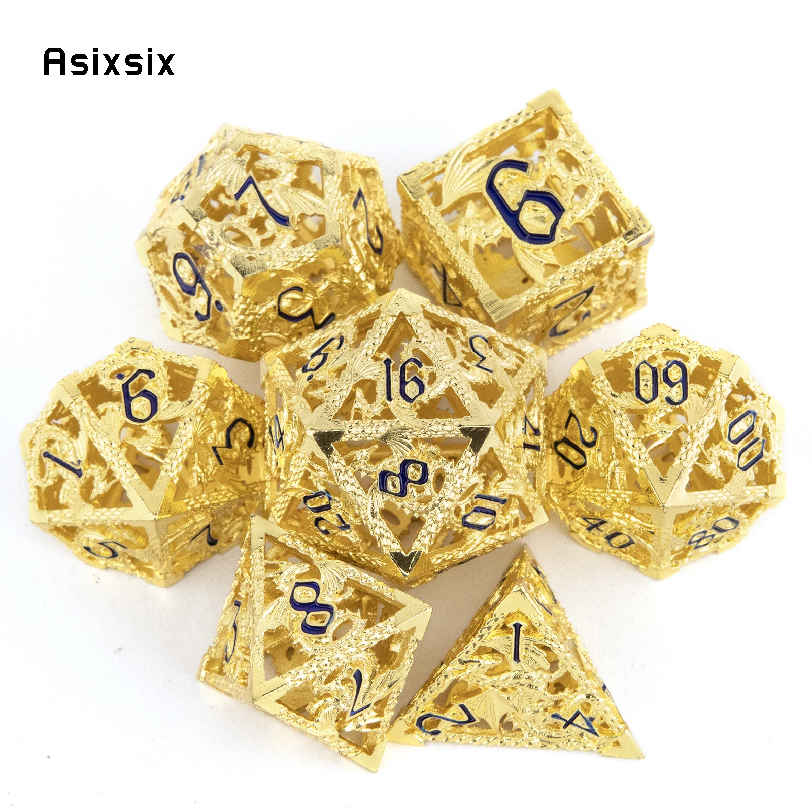 

7 Pcs Golden Black Flying Dragon Metal Dice Hollow Metal Polyhedral Dice Set Suitable for Role-Playing RPG Board Game Card Game