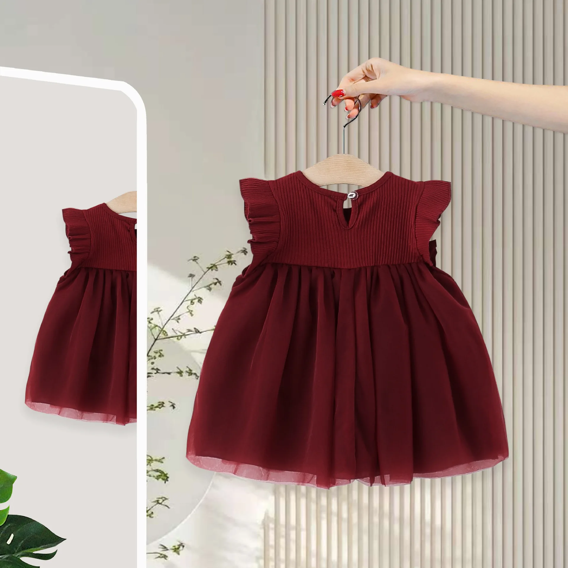 New Summer Kids Girls Dress, Ribbed Large Bow Flutter Sleeve Cute Tulle Party Dress For Baby Girls for 73-110CM