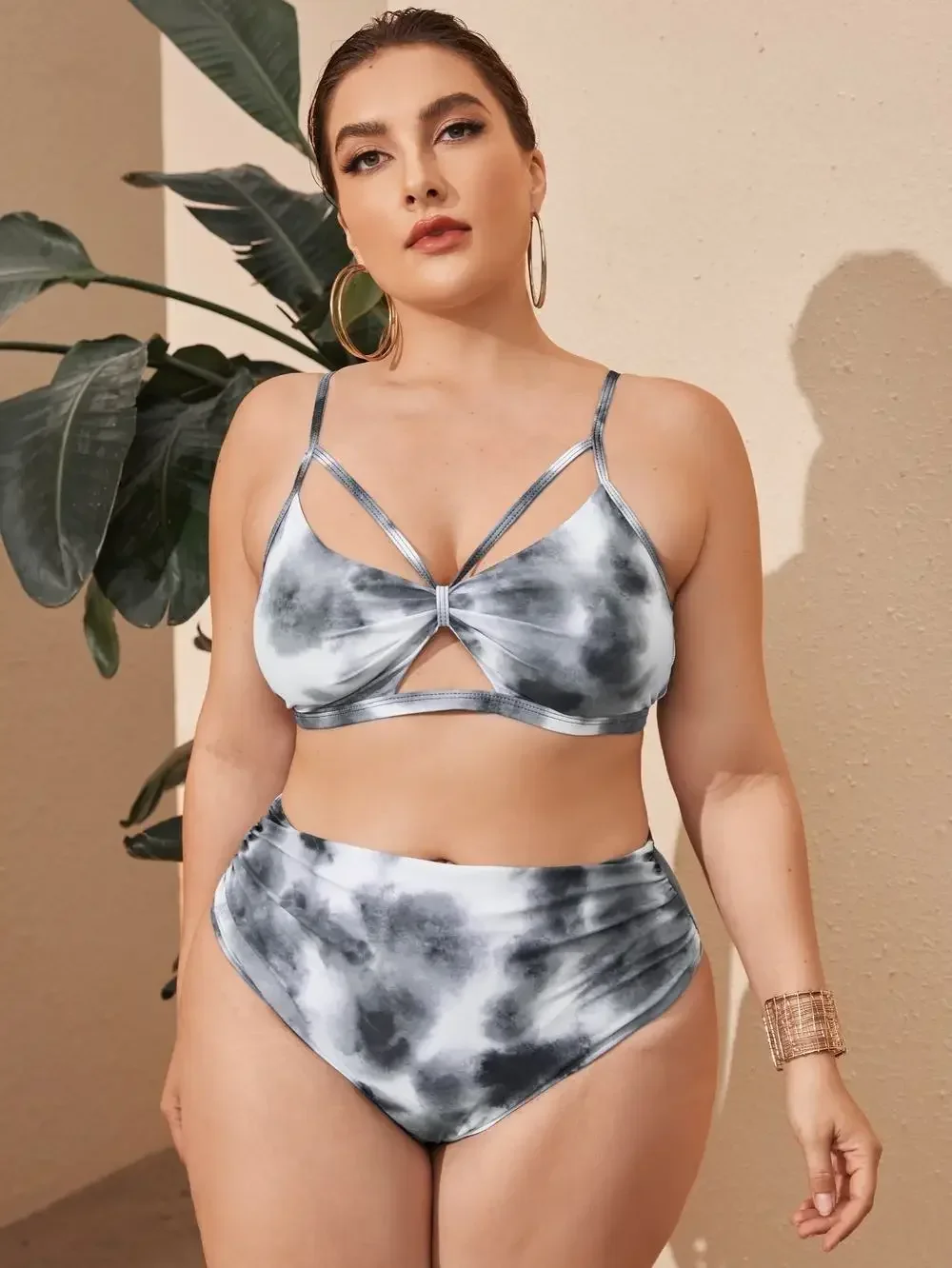 2025 Print 2 Piece Plus Size Bikini Women Strapped Hollow Large Swimsuit High Waist Lady Swimwear Chubby Curvy Bathing Suit