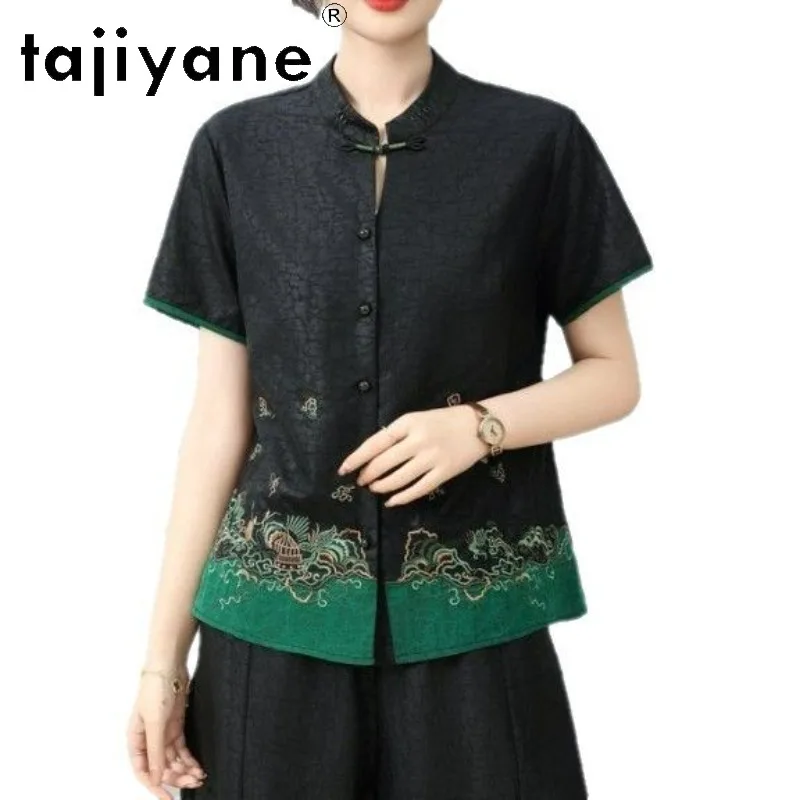 

TAJIYANE 100% Mulberry Silk Shirts New Chinese Style Blouse Women Embroidery Hem Short Sleeves Summer Tops 2026 Woman Clothes 셔츠