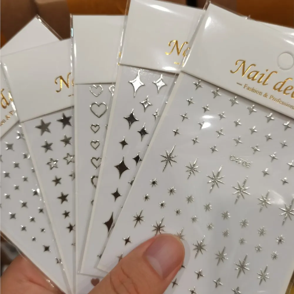 Metallic Silver Mirror Effect Nail Stickers 3D Starlight Four-Pointed Star Nail Decals Self-Adhesive Manicure Art Slider Sticker
