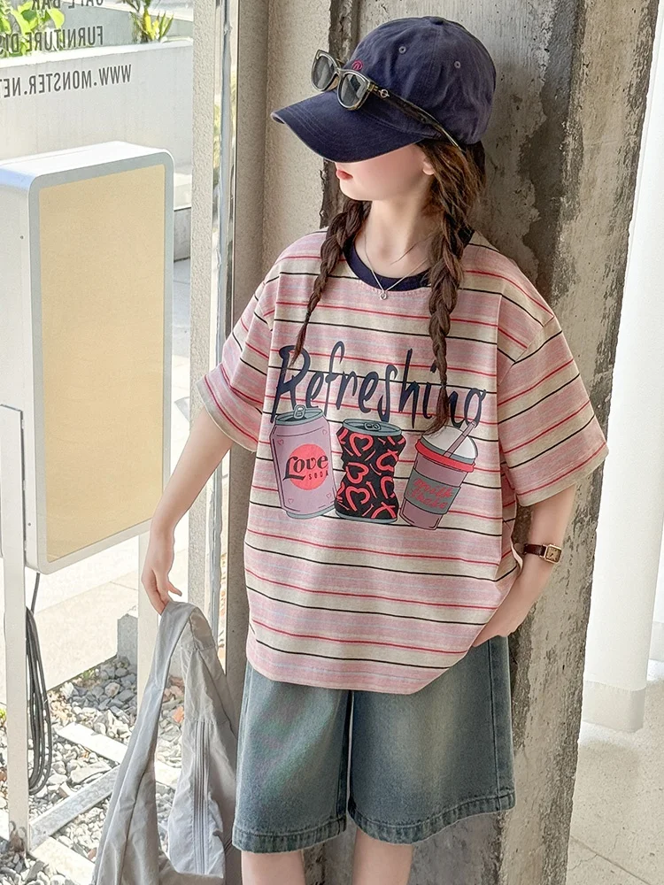 

Летний комплект футболок в полоску ort Sve для девочек, хлопок, новинка 2025, модная детская футболка среднего и большого размера и джинсовые орты