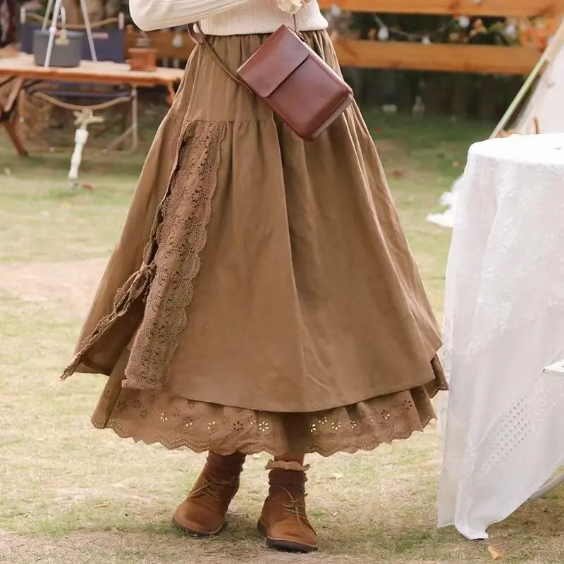 Johnature Vintage Mori Cotton Linen Patchwork Lace Skirts 2023 Autumn New All Match Elastic Waist Japanese A-Linen Women Skirts
