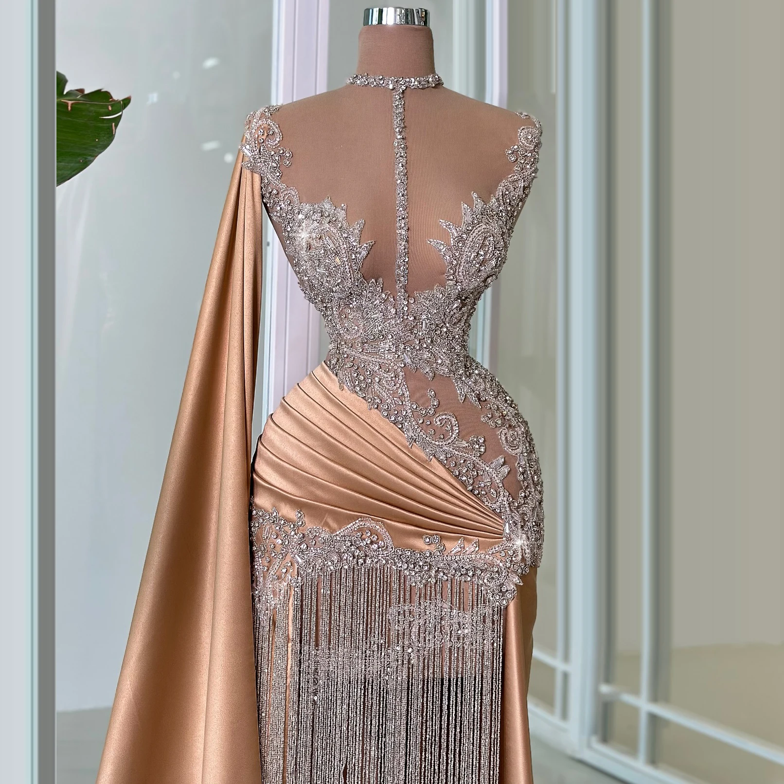 New High Neck Mermaid Evening Dresses Fashion with Diamonds Rhinestone Customized Dresses Tassel Dresses for Special Occasions