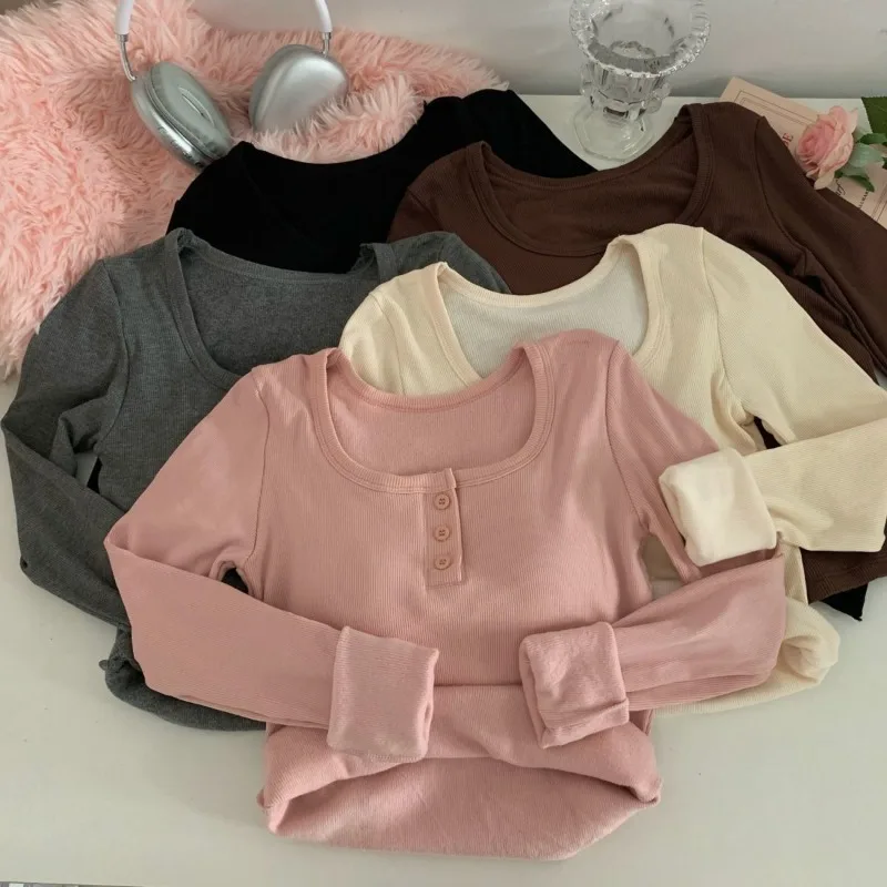 

4-цветные женские футболки, удобные осенние женские футболки Inside, популярные тонкие кавайные уютные корейские стильные повседневные футболки с длинными рукавами для девочек