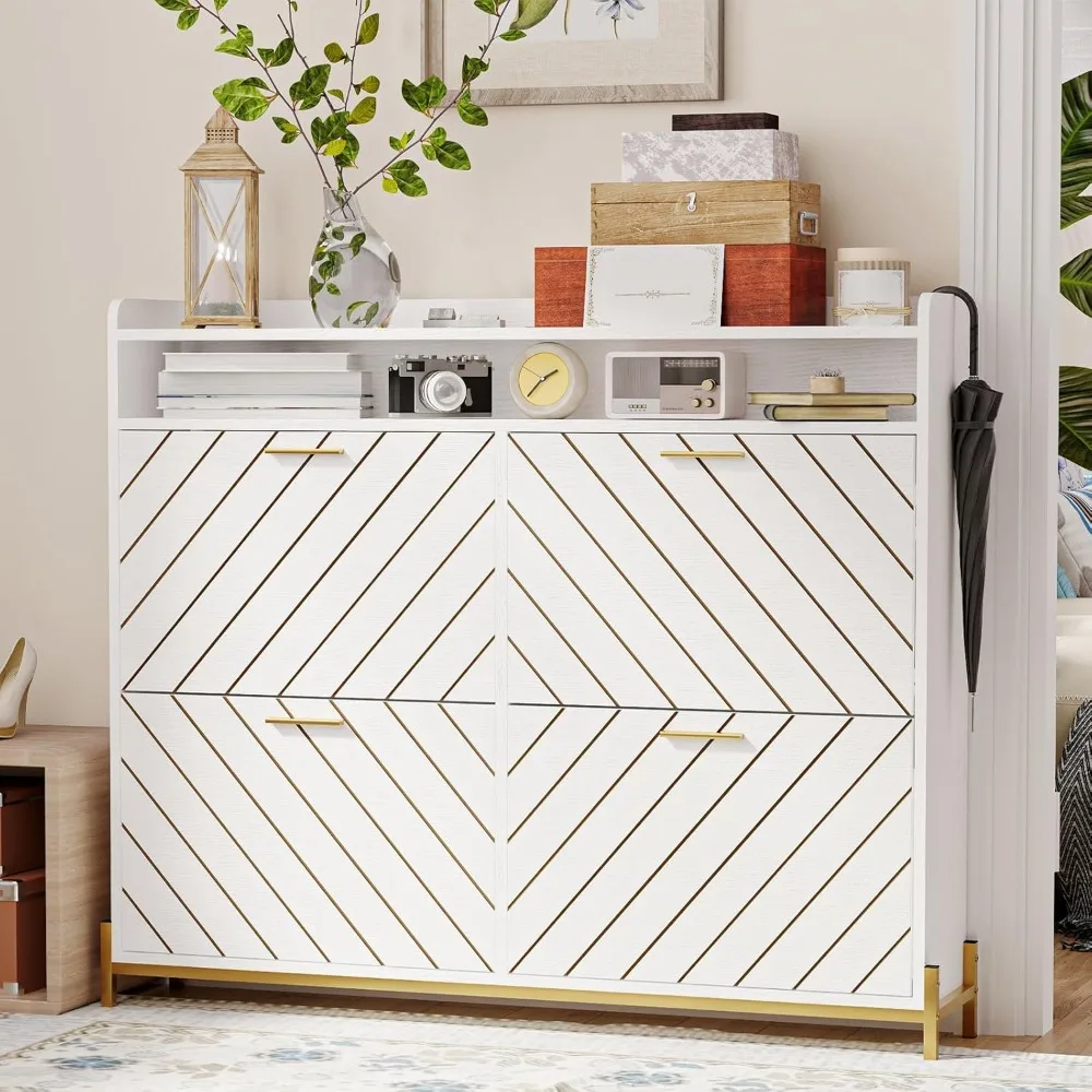 

Шкаф для обуви для прихожей, большой шкаф для хранения обуви с 4 откидными ящиками, узкая полка для органайзера для обуви с открытой полкой для хранения для H