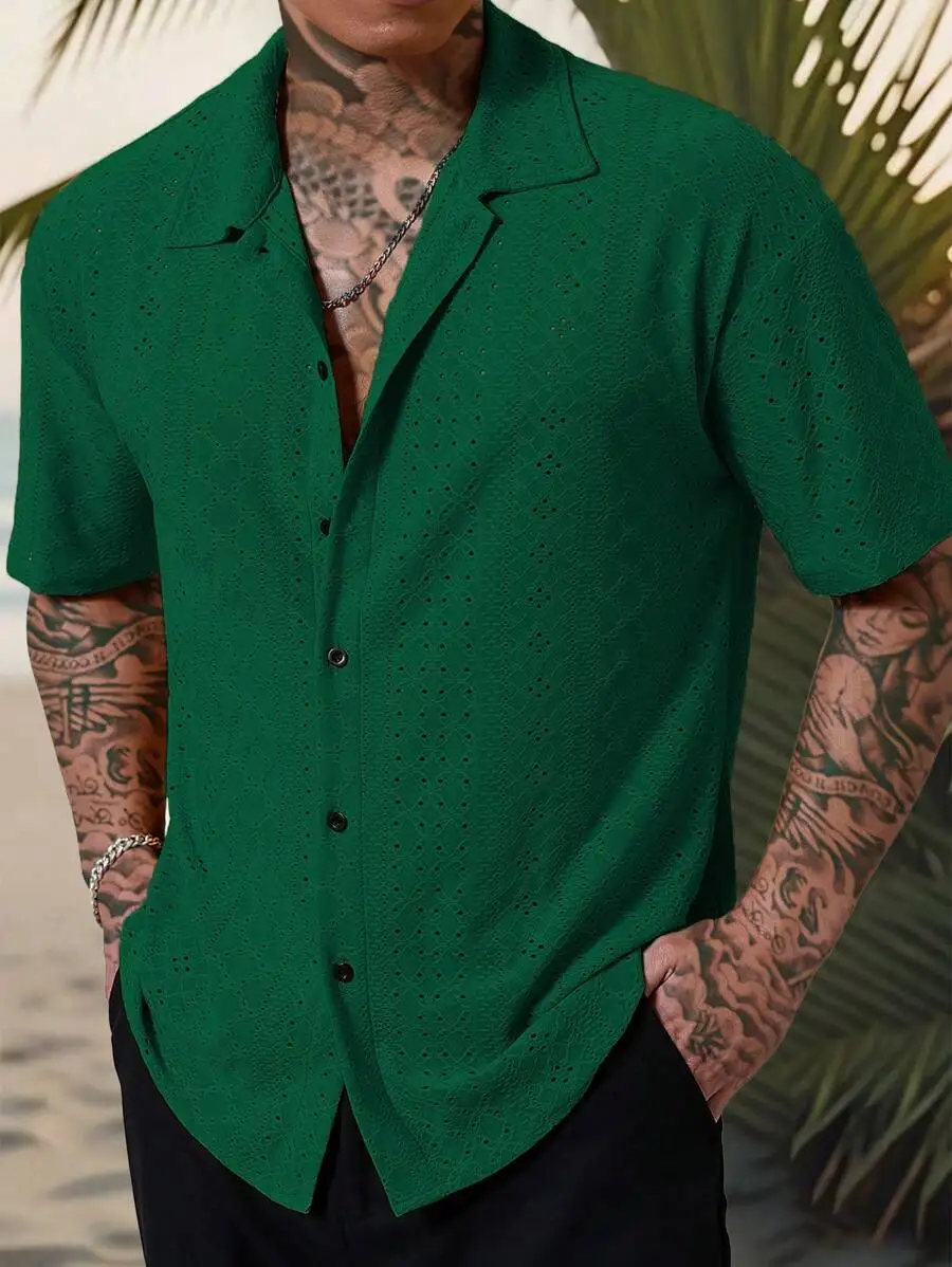 

Mens Textured Jacquard Short Sleeve Casual Shirt With Turn-Down Collar