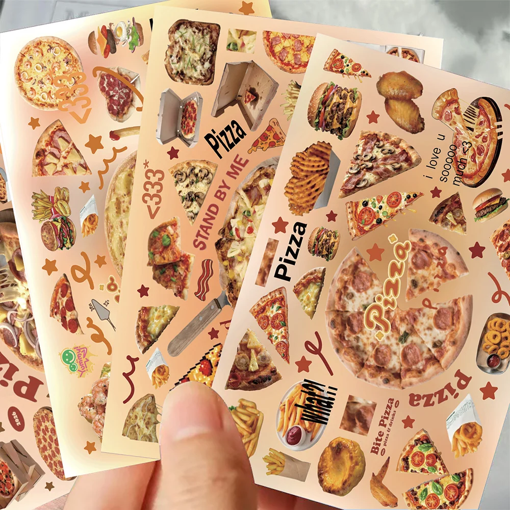 8/16Sheets Food Pizza Graffiti Sticker PVC Material Personalized DIY Phone Refrigerator Scrapbook Waterproof Decoration Stickers