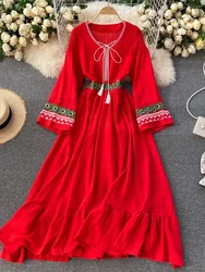 Spring Summer Ethnic Embroidery Dress Women's Lace V-neck Flared Sleeves Loose Thin Temperament Fashion Midi Dress C667