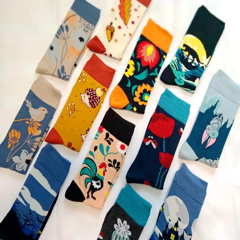 New Men Happy Funny Socks Cartoon Flower Bird Rooster Hedgehog Insect Creative Hip- hop Skateboard Sock Men\'s Fashion Trend Hot