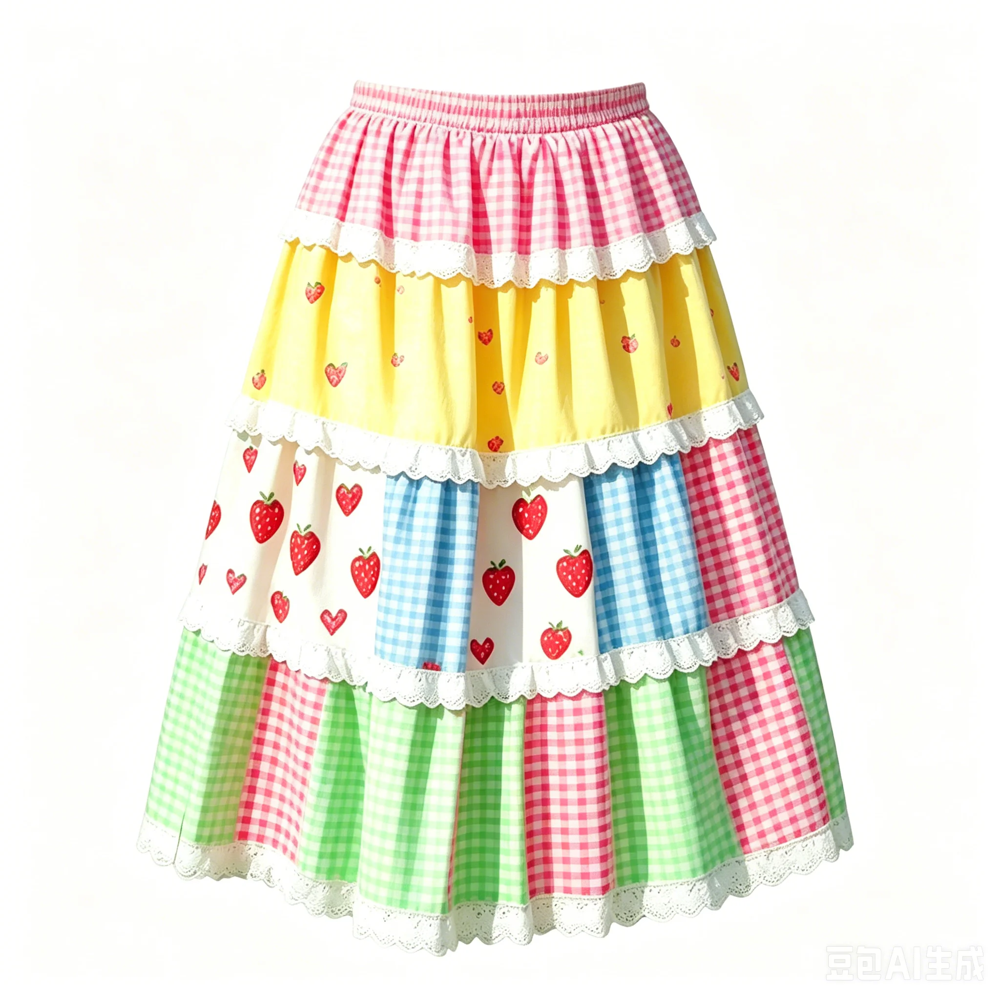 Japan Campus Kawaii Strawberry Print Tiered Midi Cake Skirt Kawaii & Pastel Aesthetic Casual Summer & Lolita Style Sweet Holiday