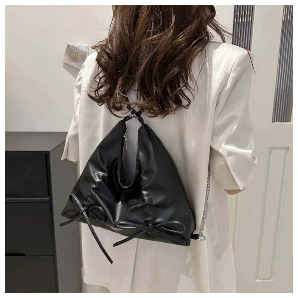 New Women‘s Drawstring Wrinkled Bow Tote Bags PU Leather Large Capacity Shoulder Bag Simple Female Commuting Handbags Backpack