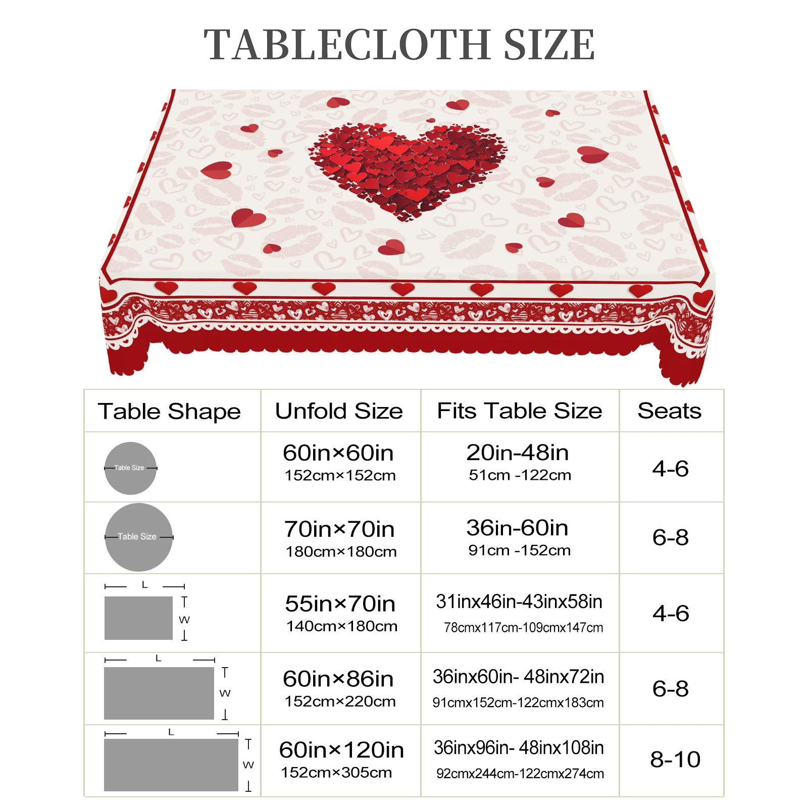 1 Piece of Romantic Valentine\'s Day Square Tablecloth, 5 Sizes Available, Spring Heart-Shaped Pattern Round Tablecloth, Edge Embossing Process,