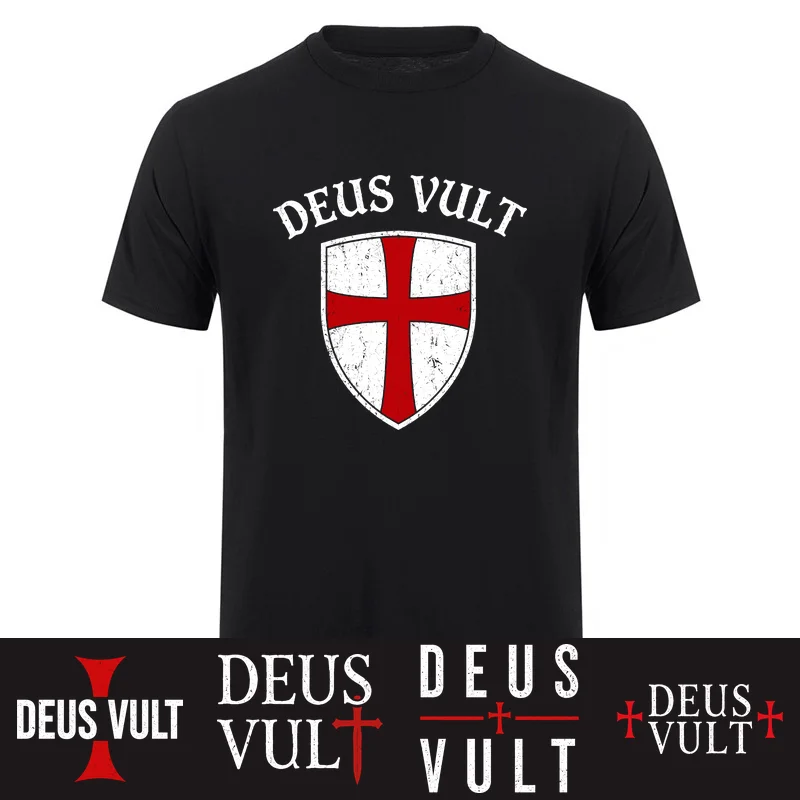 Deus Vult God Wills It Crusader Cross T-shirts Medieval Knight Vintage Cotton T-shirt Streetwear HJ-183