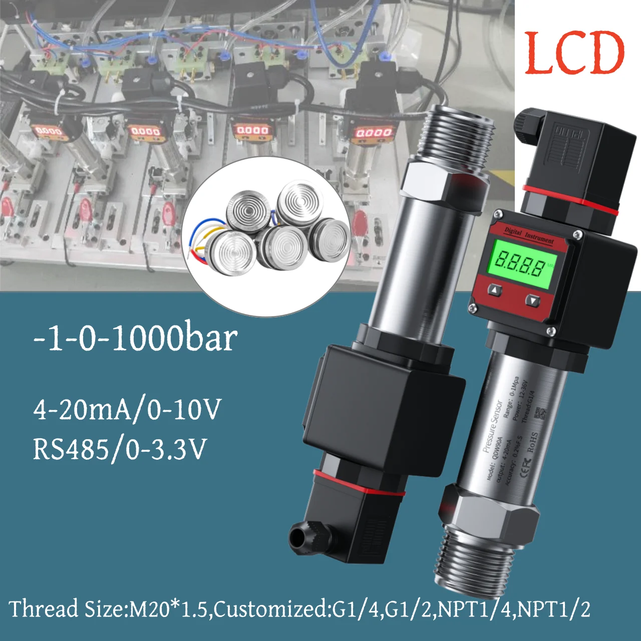 

LCD display Pressure Sensor 5bar 10bar 16bar 0.1Mpa 24V G1/4 water oil 4-20mA 0-10V 0-5V RS485 M20*1.5 Pressure Sensor Converter
