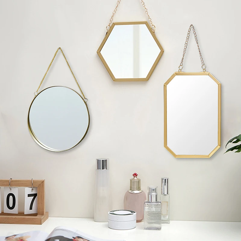 Bedroom Cosmetic Mirror Round Square Hexagon Shape Makeup Hanging HD Mirror Metal Wall Decor No-Punch Bathroom Room Decorations