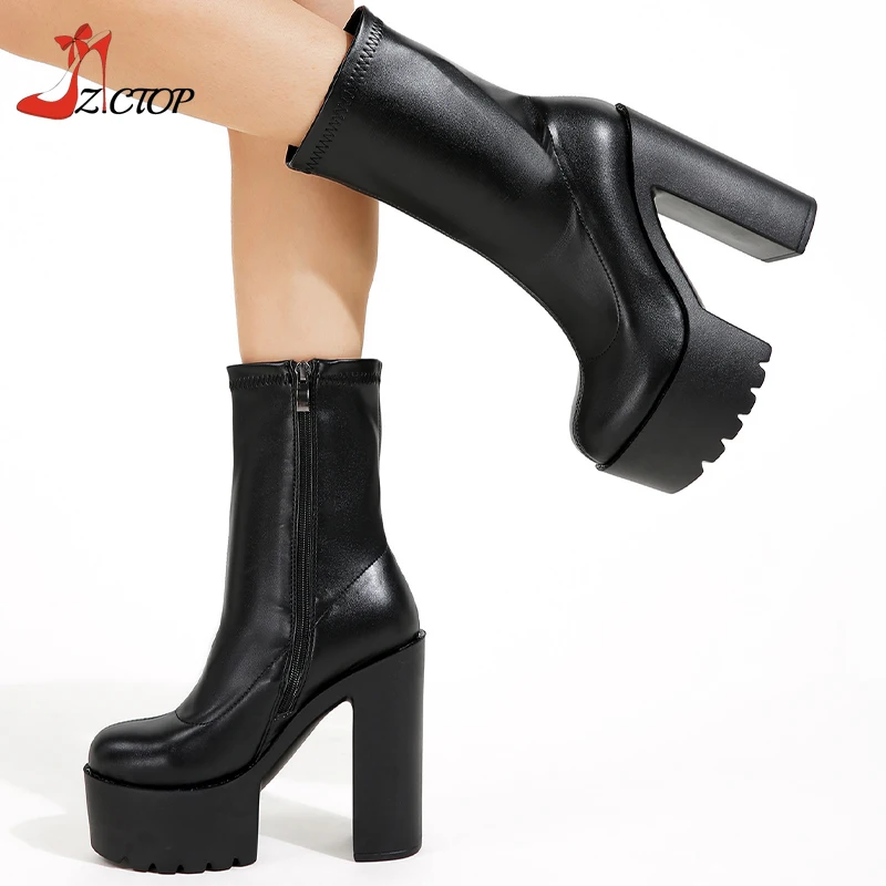 14 سنتيمتر عالية الكعب المرأة منصة منتصف العجل الأحذية الكاحل الجانب سستة دراجة نارية الكاحل الجوارب موضة الأسود فاسق الأحذية #4
