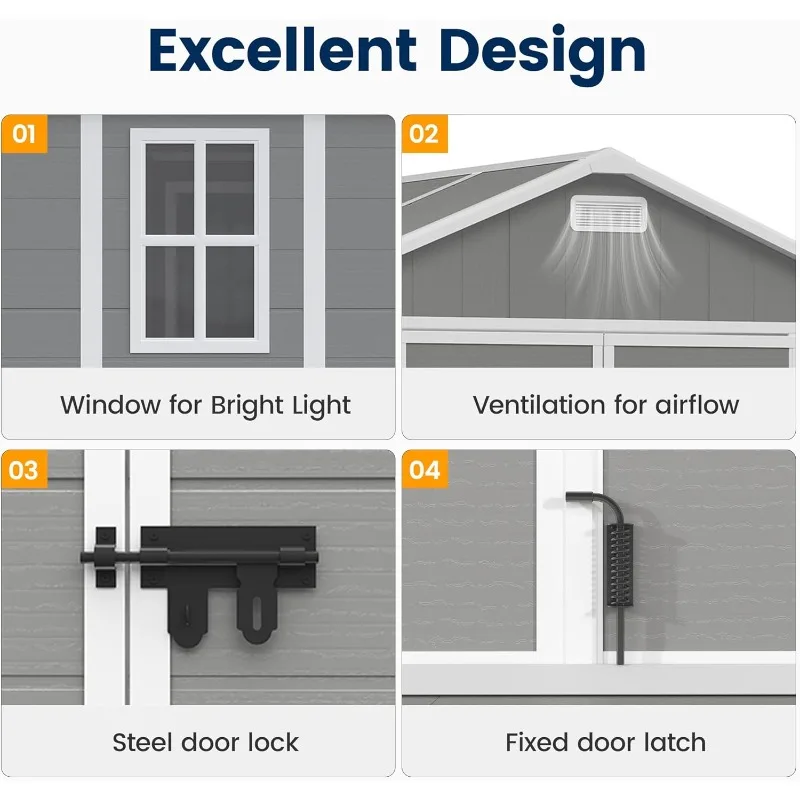 سقيفة حديقة من الراتنج مقاس 10 × 8 أقدام، تخزين خارجي مع أرضية للأدوات والدراجة