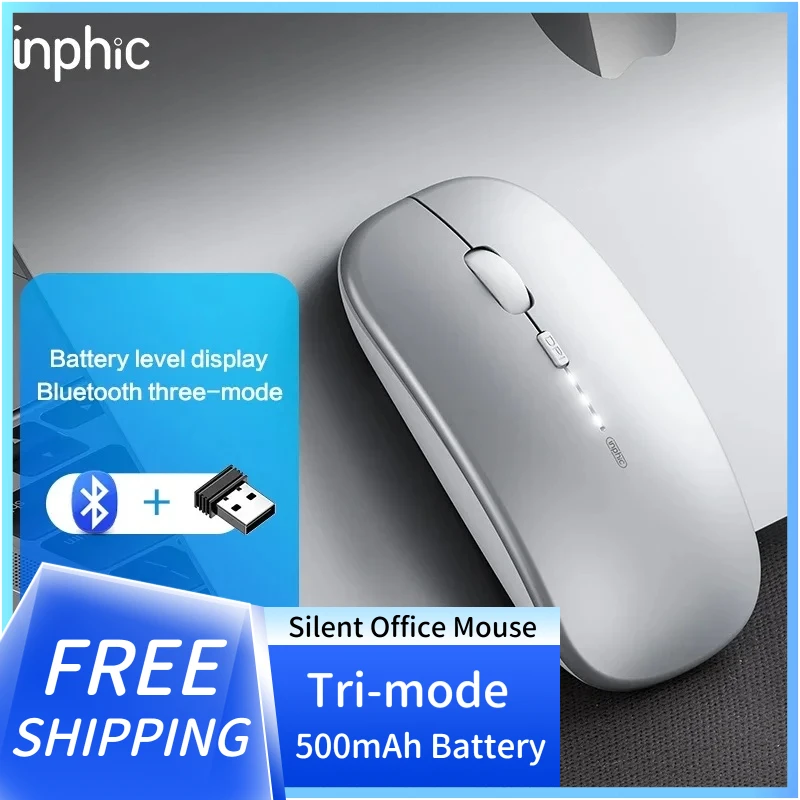 

Трехрежимная беспроводная мышь INPHIC M1PRO, перезаряжаемая бесшумная офисная мышь, дисплей уровня заряда батареи, интеллектуальная энергосберегающая батарея 500 мАч