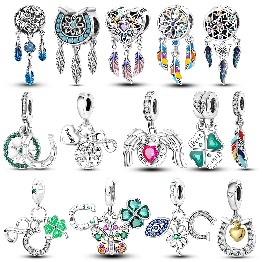 Cuentas chapadas en plata con forma de Red de ensueño, trébol de la suerte, herradura, colgante, pulsera, Plata de ley, joyería Original, regalo para mujer