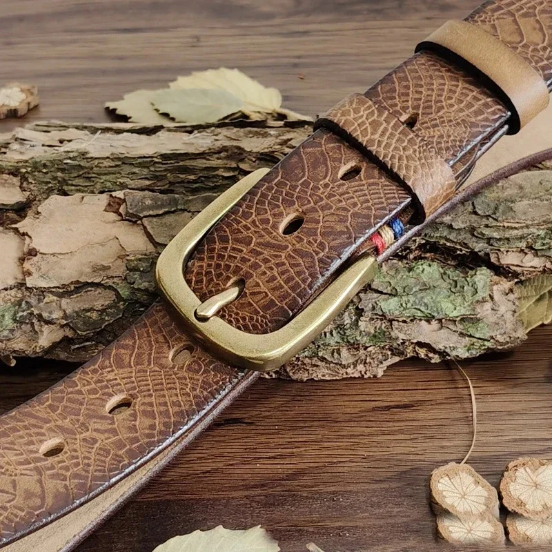 

3.8CM Solid Copper Pin Buckle Belt Male Serpentine Strap Snakeskin Grain Belt Fashion Cowskin Genuine Leather Jeans Belts