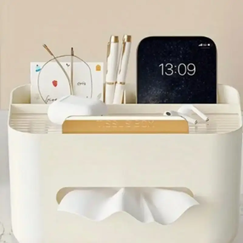 

1pc Multifunctional Desk Organizer with Tissue Box & Remote Holder, Plastic Desktop Storage Solution for Office & Home