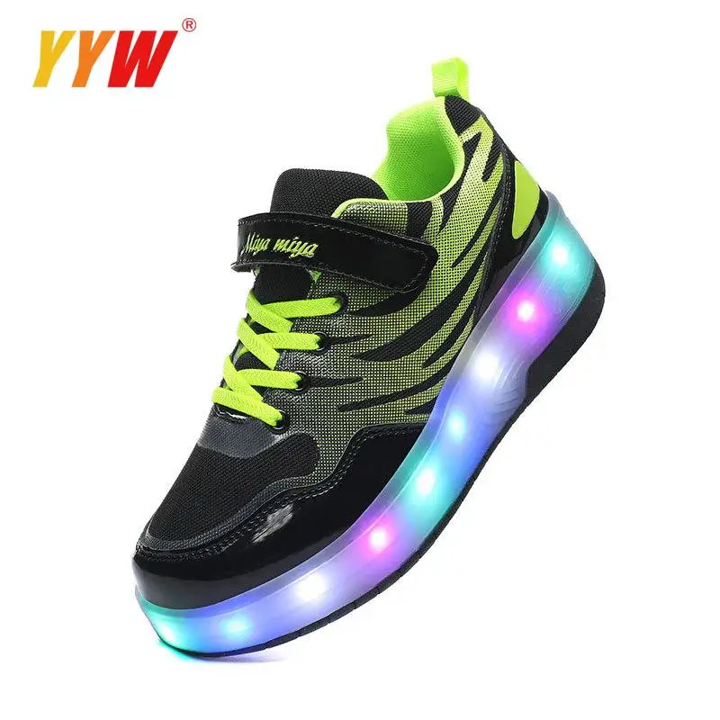 Children Two Wheels Illuminate Sneakers Flying Shoe Black Pink Blue Roller Skates for Kids Removable Led Light Flashing Boy Girl