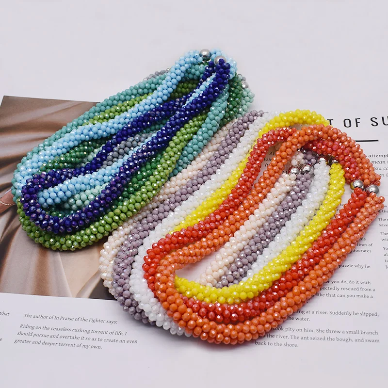 Trendy Woven Bead Necklace and Bracelet Set Elastic Handmade Strand Bracelets Glass Beads Necklace for Women Gift Hair Accessory