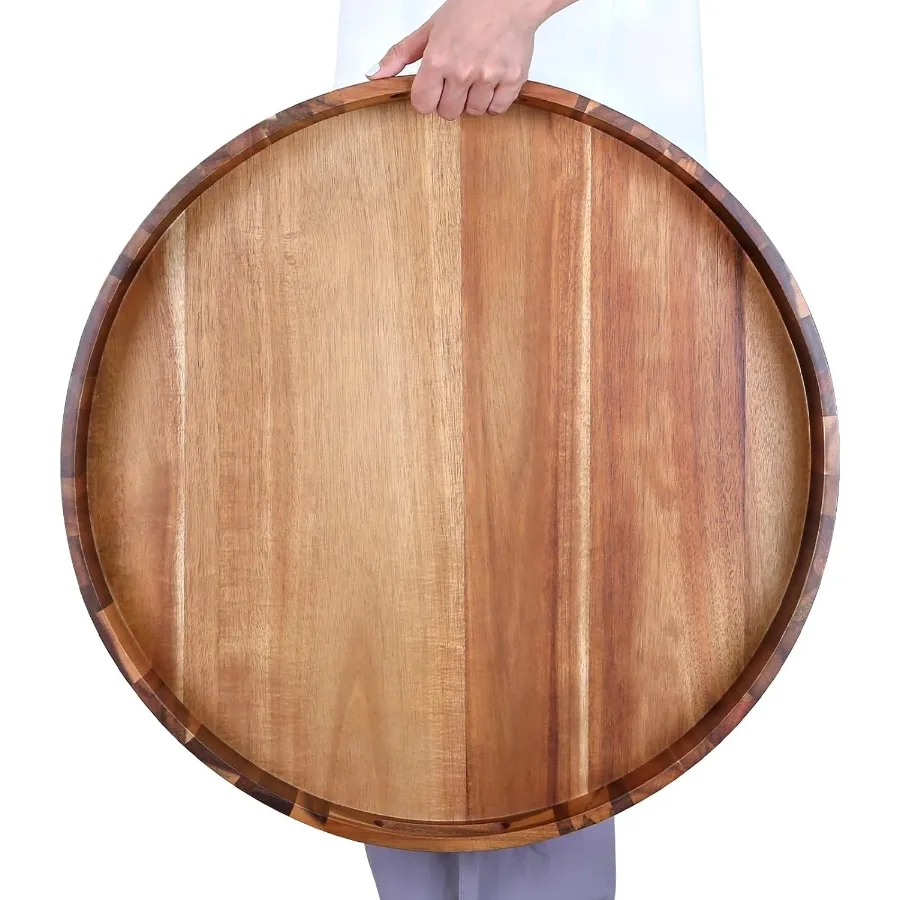 

Extra Large 20INCH Premium Acacia Wood Tray Round Ottoman Tray with Handles Wooden Serving Tray Multi-Use for Dinner Breakfast