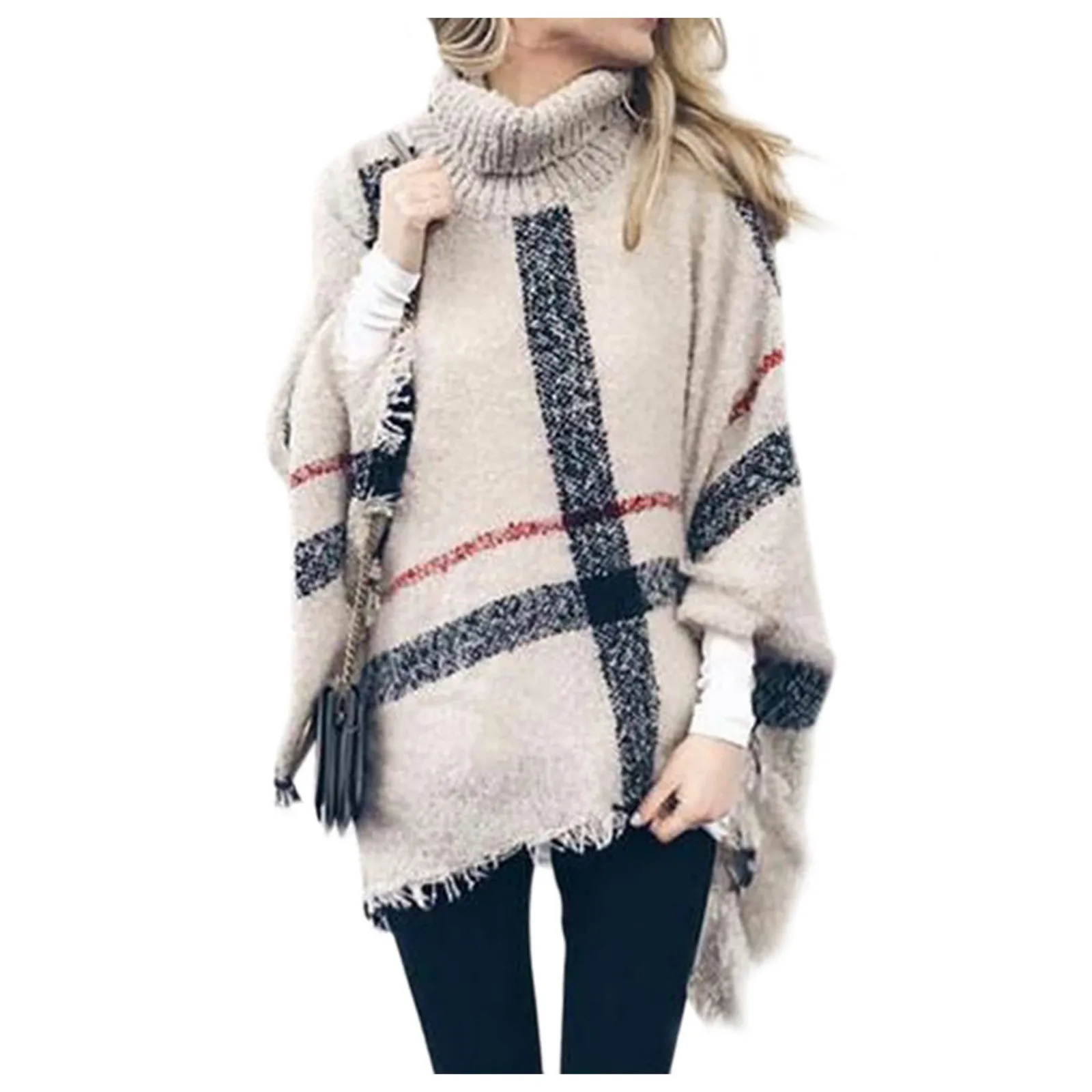 

Women's Dress Ponchos, Boho Loose Tassel Plaid Poncho Turtleneck Jumper Knit Oversized Pullover Sweater Tops for Women