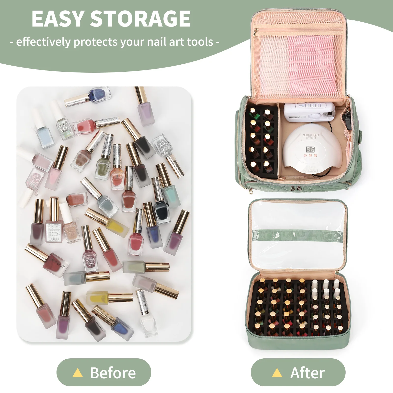 For Nail Polish Storage Bag-Zipper Nylon Eco-Friendly Multi-Function Holds 86-100+ Bottles Nail Lamp Space 2 Removable
