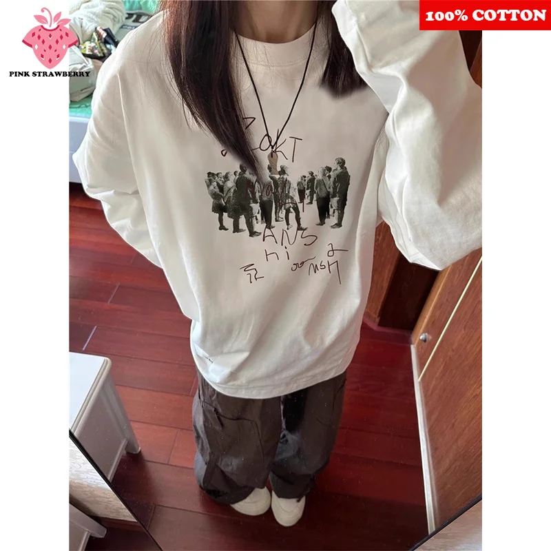 

Fashion Street Crowd Print T-shirt Women Autumn 2025 New 100% Cotton Oversize Long sleeved Loose T-shirt Y2k Top Ladies clothing