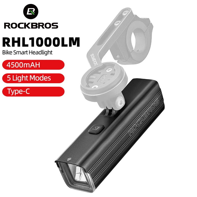 

ROCKBROS Bicycle Light 1000LM 4500mAh Bike Front Light Type-C Aluminum Alloy Rainproof LED Flashlight MTB Road Cycling Light