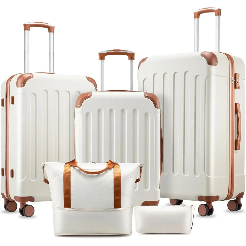

5-Piece Luggage Set, Durable Wheeled Suitcase, TSA Lock, White & Brown