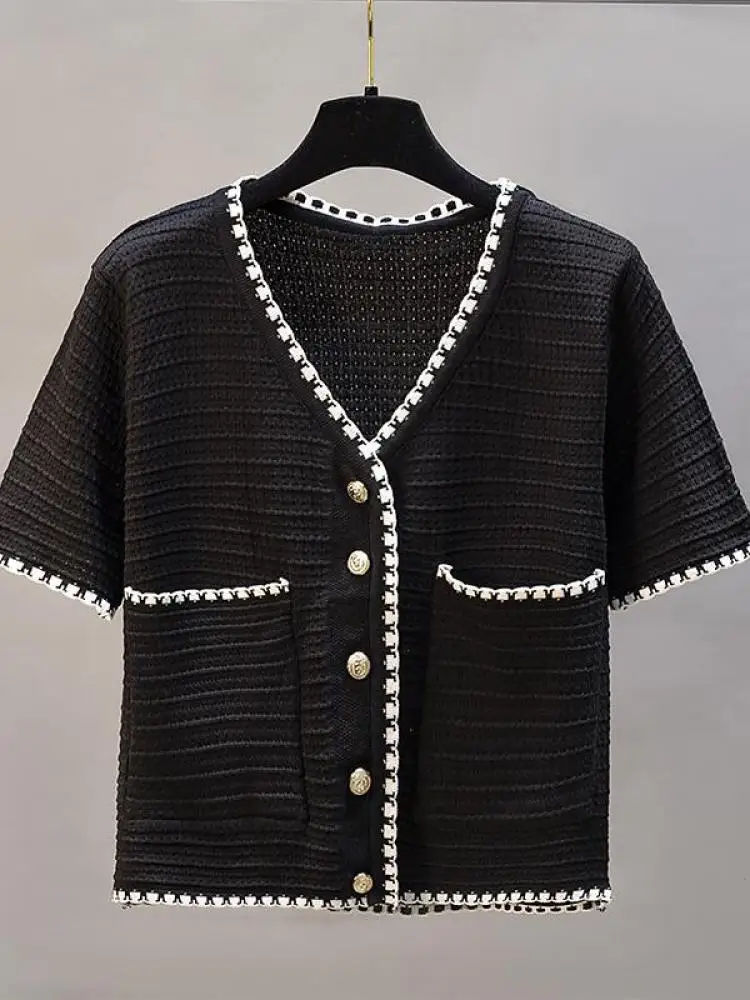 

Summer Korean Vintage Black White Patchwork V Neck Single Breasted Short Tops Women Elegant Versatile Short Sleeved Knitted Coat