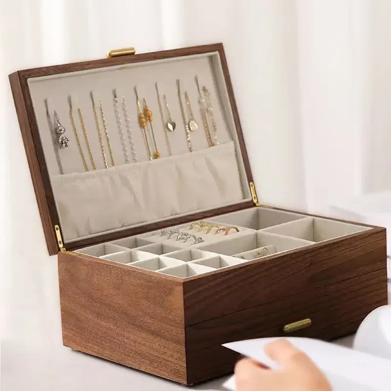 

Best Jewelry Box Black Walnut Solid Wood Drawer Style Large Capacity Flip Hook With Mirror Necklace Ring 2 Layer Storage Bins