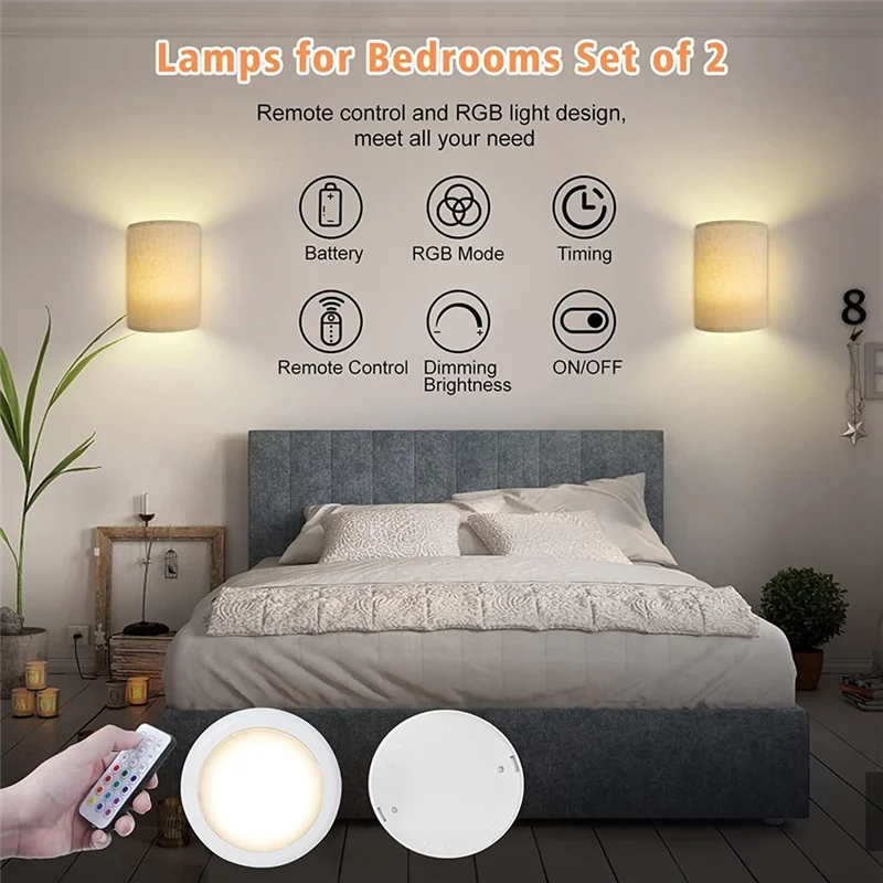 Apliques de pared recargables, luces de pared regulables cambiables de 13 colores con Control remoto, lámpara de pared para dormitorio y sala de estar