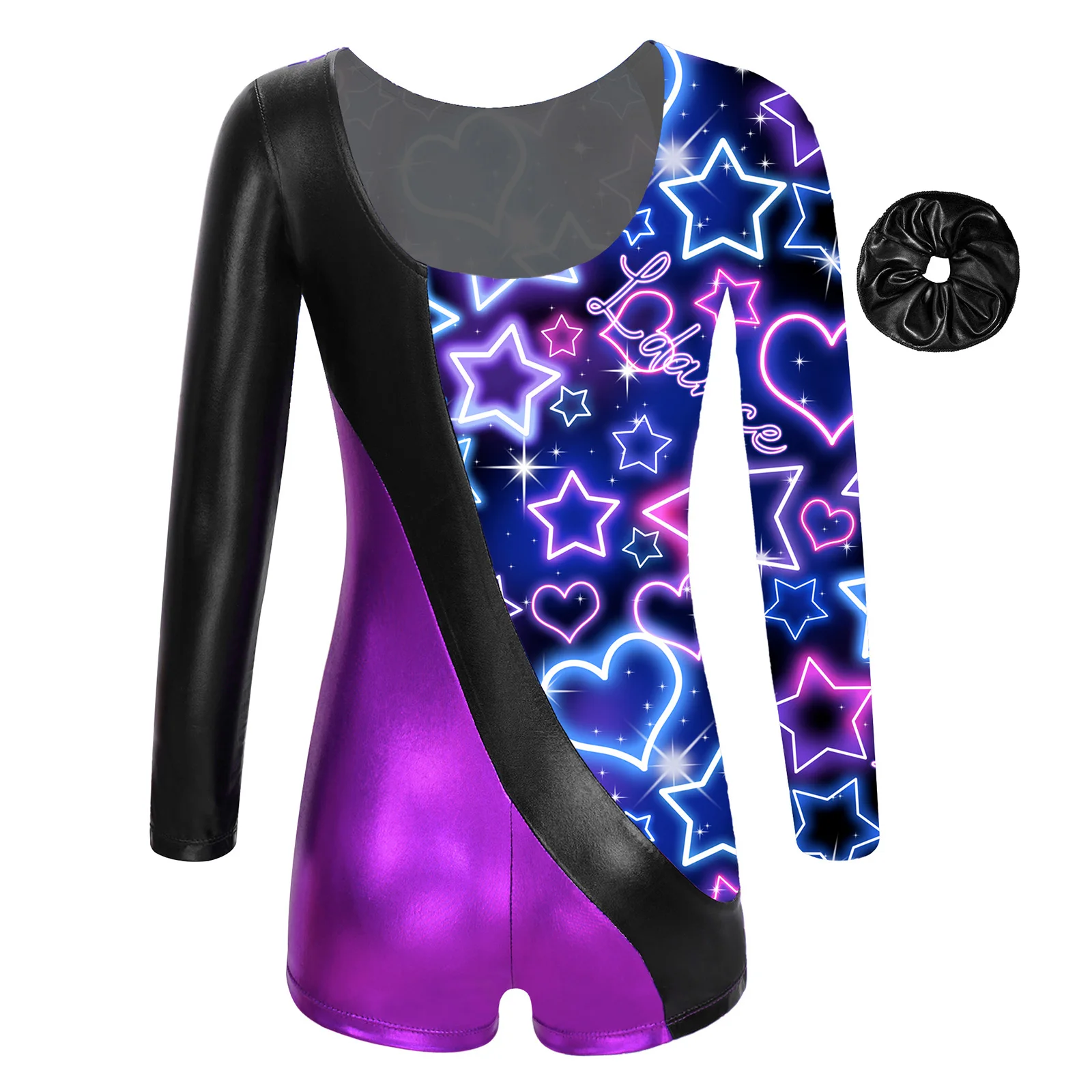 Kids Girls Long Sleeve Gymnastics Jumpsuit Outfit Ballet Dance Workout Leotard Patchwork Print Tumbling Skating Bodysuit Clothes