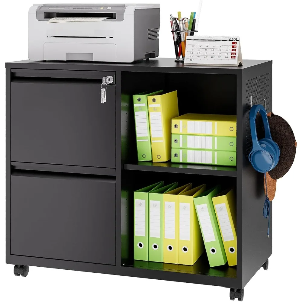 Archivador lateral de 2 cajones con cerradura, archivador móvil con ruedas, organizador de oficina multifuncional con almacenamiento de impresora y